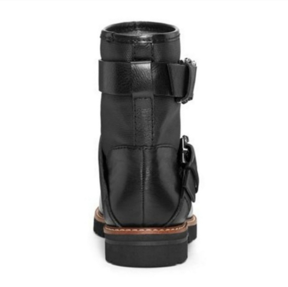 Edgy Black Leather Buckled Moto Booties - Picture 3 of 8